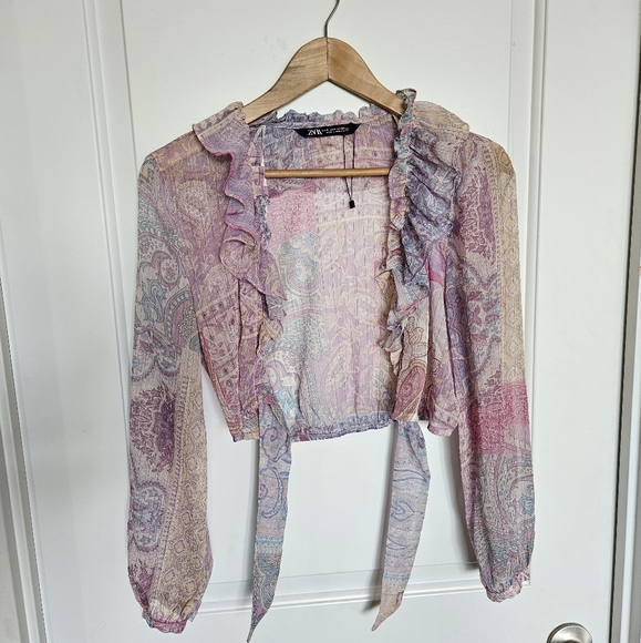 ZARA PAISLEY BLOUSE RUFFLE TOP PATCHWORK TIE FRONT CROP SHIRT BOHO SZ M - Picture 1 of 5